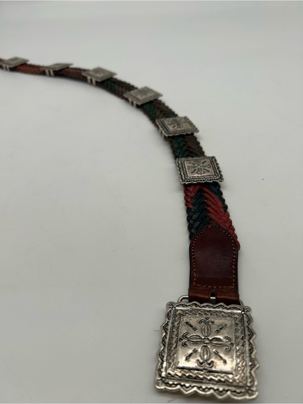 Vintage Braided Brown Red and Green Leather Belt with Silver Accent Squares - Picture 6 of 9